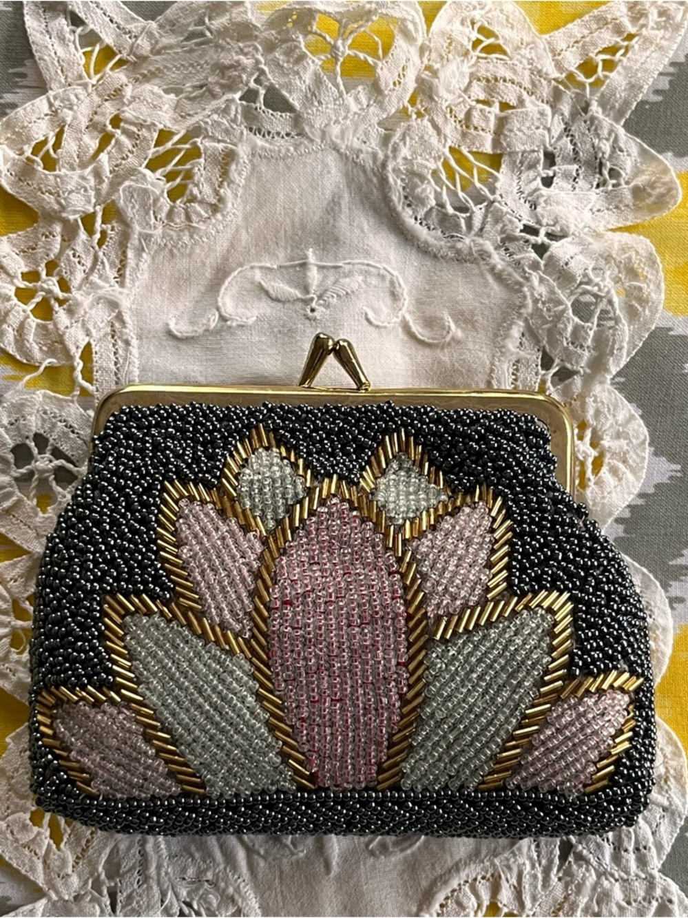 SOLD - Lotus Hand Beaded Coin Purse/Pouch